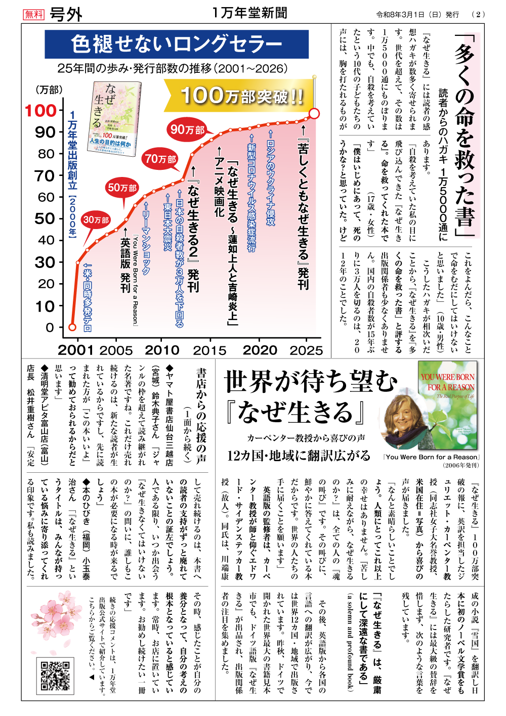 １万年堂新聞号外：『なぜ生きる』25年間読み継がれ、ついにミリオンセラー！の画像2